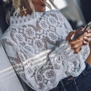 White Lace High Neck Long Sleeve Shirt